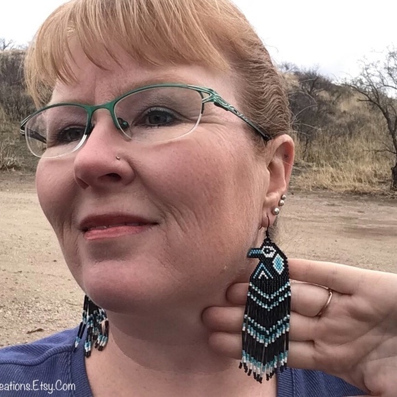Turquoise Native Raven Beaded Earrings, New, Handmade by Me - Picture 5 of 5